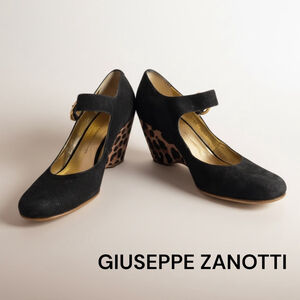 Giuseppe Zanotti Black Suede & Pony Hair Mary Jane Leopard Wedge Shoes 38-8